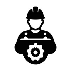 Obraz premium Engineer worker wearing hard hat holding gear mechanism, manufacturing and industry illustration