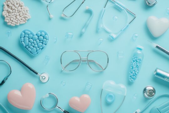 Medical icons and tools on blue background showcasing health data processing concepts and innovations, medical icons over data processing on blue background