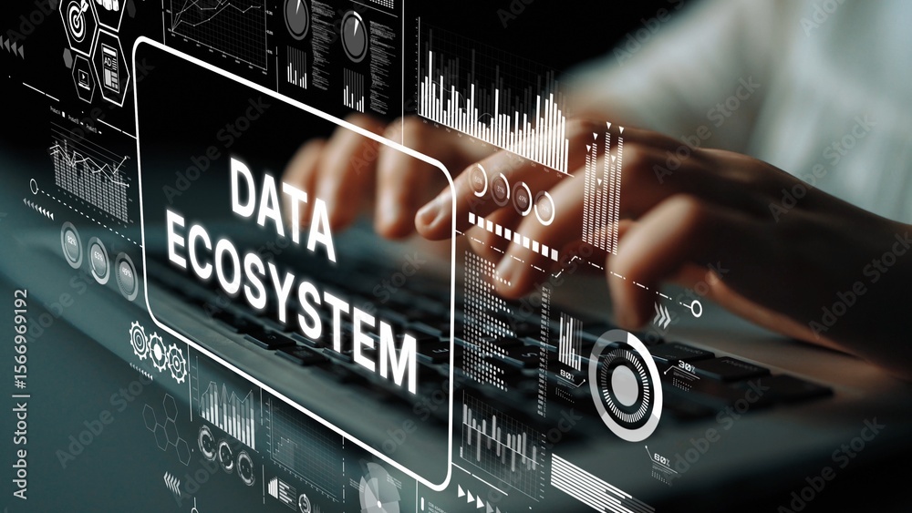 Poster hands typing on keyboard with digital data ecosystem graphics displayed in futuristic design for tec