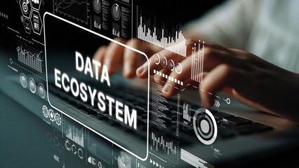 Hands Typing on Keyboard with Digital Data Ecosystem Graphics Displayed in Futuristic Design for Technology Concept. Asymptotic smart data analytic.