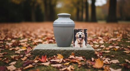 A pet urn and photo of a golden retriever dog standing on a stone outside in autumn. Pet memorial and remembrance concept.