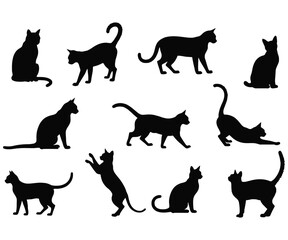 Collection of Black Cat Silhouettes in Various Poses on a White Background