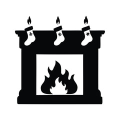 Three Christmas Stockings Hanging Above the Fireplace, Solid Black Silhouette Icon