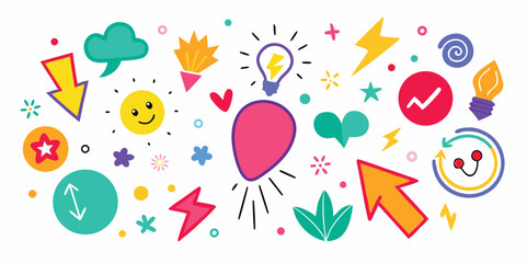 Colorful cartoon icons showcase innovation, communication, and various shapes over a white background