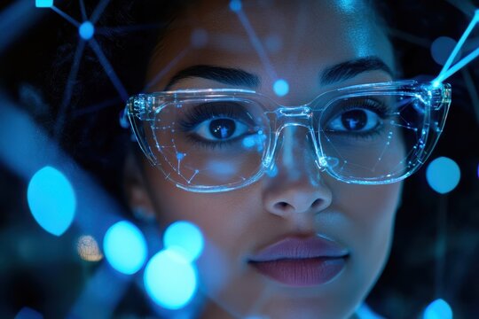 Exploring the intersection of technology and science through the lens of a biracial female scientist, network of connections over biracial female scientist in laboratory