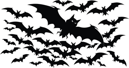 Naklejka premium Flying Bat Silhouettes Swarm Halloween Spooky Animal Flock