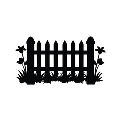 Obraz premium Silhouette of a classic picket fence surrounded by flowers and greenery