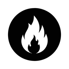 White fire flame icon inside a black circle, simple design element