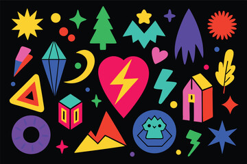 Bold geometrical shapes create a vibrant and playful composition against a stark black background