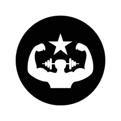 Black and white symbol representing fitness and strength with star element