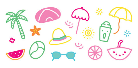 Playful cartoon icons feature cheerful summer themes against a pristine white background, creating tropical vacation vibes