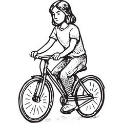 Black and White Sketch of Woman Cycling, Vector Art