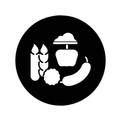 Monochrome still life of wheat, cabbage, apple, and pepper in a circle