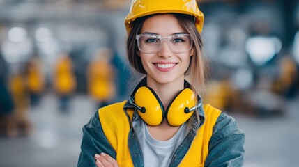 A cheerful young female construction worker smiles confidently while wearing a yellow hard hat and protective gear.
