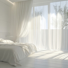 Fototapeta premium bright and airy white bedroom featuring soft curtains, cozy bed, and natural light streaming through large windows, creating peaceful