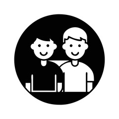 Graphic of two friends with arms around each other in black circle