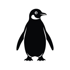 Stylized minimalist black and white illustration of an emperor penguin standing erect