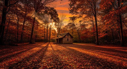 Fototapeta premium Photorealistic image of lone cabin in autumn woods with chimney smoke, orange sunset sky casting long shadows on fallen leaves, warm peaceful scene, 16:9 ratio