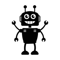 Smiling black robot with antennae and claw hands on a white background