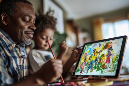African American man enjoys creative time with children painting and exploring art indoors, african american man watching children painting on tablet screen