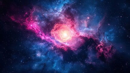 Fototapeta premium A stunning cosmic scene with vibrant pink and blue nebula swirling around a bright star at the center of the galaxy.