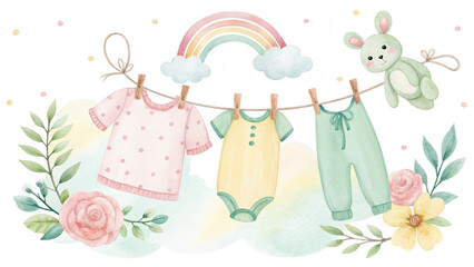 Rustic Watercolor Baby Clothes Hanging on Line &ndash; Perfect for Gender Neutral Nursery and Invitations