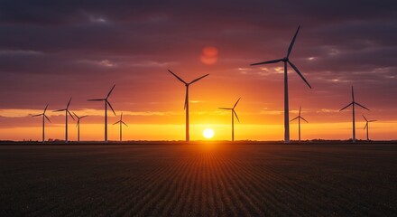 Obraz premium Wind Turbines Silhouetted Against Fiery Sunset, Renewable Energy Concept