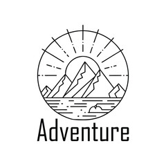Minimal mountain and sun line art with inspirational adventure quote, simple nature illustration for travel, exploration, hiking, wanderlust design