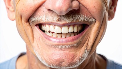Close up of a senior man smiling broadly showing healthy teeth and gums.