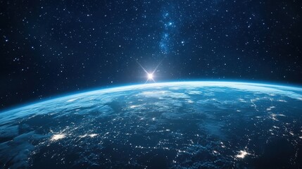 Fototapeta premium Stunning View of Earth from Space at Dawn with Bright Sun Rising