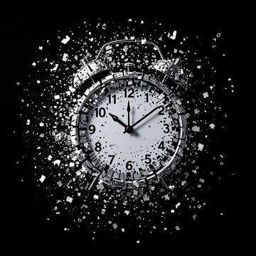 clock on black background, The concept of time passing away, the clock time breaks down into pieces. time management, Time wastage, Fleeting time concept. Analog clock dissolving on black background.