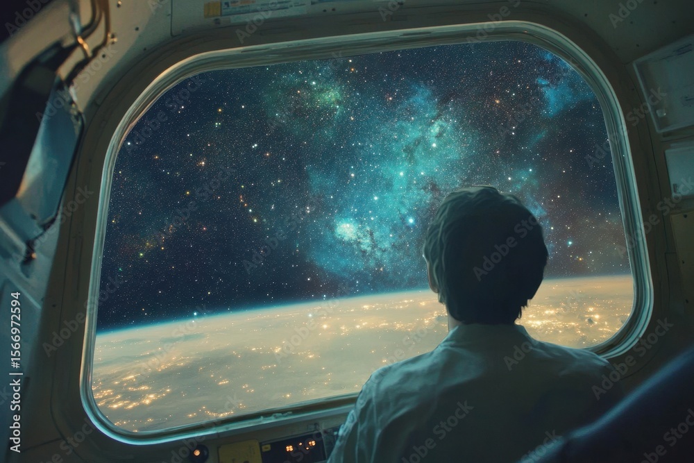 Sticker exploring vast star fields while gazing from a spacecraft's window above earth, traveling through st