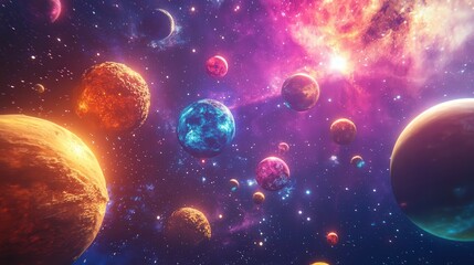 Explore the Wonders of Space: Colorful Planets Floating Among Bright Stars and Nebulas