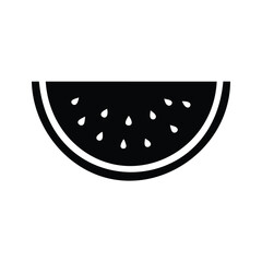 Stylized silhouette of a watermelon slice featuring seeds on white background