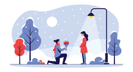 Romantic winter proposal under a lamppost with snow falling creating a magical atmosphere for a special moment