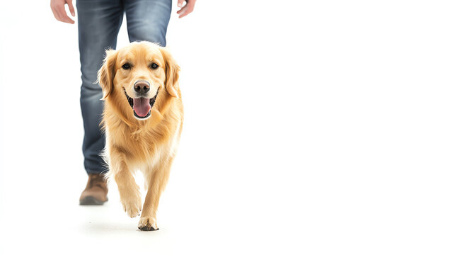 Dog walking proudly beside owner, loyalty and joy, clean white bg