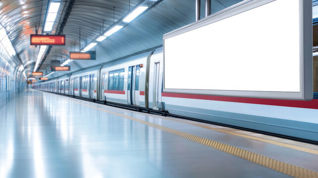 Blank white billboard above modern metro train on urban platform captures minimalist city transit dynamics