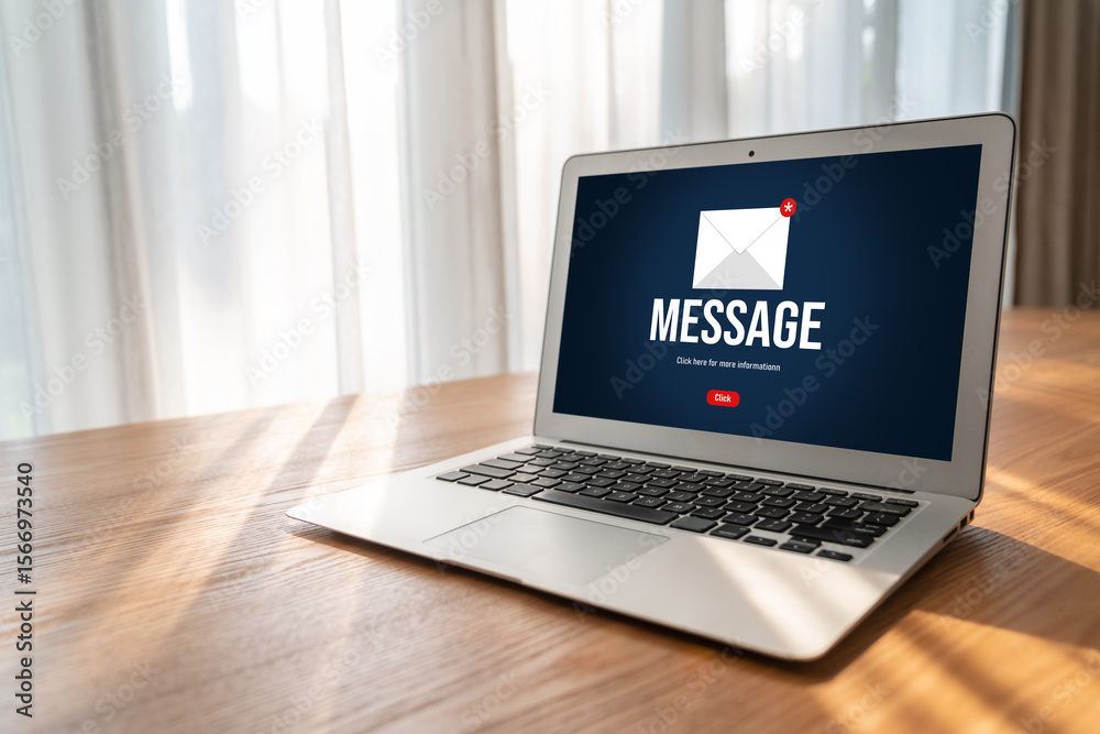 Poster email notification message showing on computer screen snugly. digital marketing message information 