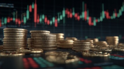 a pile of coins, with dollar signs, red graph pointing down, concept a falling price market in a black background, symbolizing a financial graph