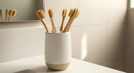 Bamboo toothbrushes in white holder