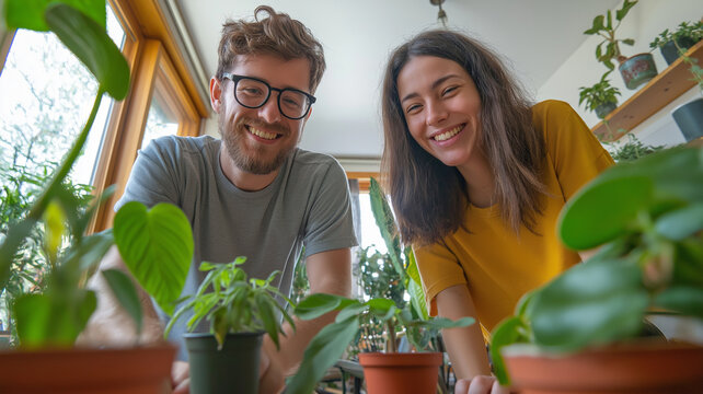 Young couple nurturing vibrant houseplants in a cozy, sunlit indoor garden space - Powered by Adobe