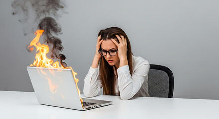 System Crash: Furious Woman with Smoking Laptop