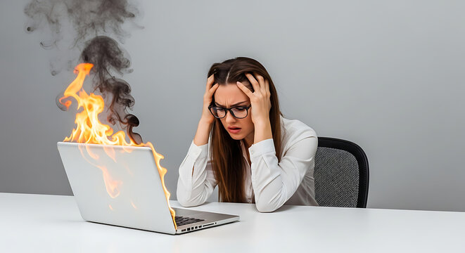 System Crash: Furious Woman with Smoking Laptop