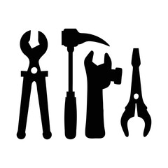 Silhouettes of construction tools including a hammer wrench and pliers against white backdrop