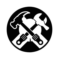 Black and white silhouette logo featuring crossed hammer and wrench tools