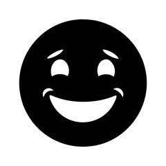 Simple black and white illustration of an emotive, broadly smiling emoticon