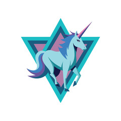 Modern negative space unicorn design inside geometric triangle and hexagon frame, minimal line art mystical animal illustration vector