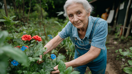 Fototapeta premium Elderly woman in denim overalls nurtures vibrant flowers in a rustic garden filled with lush greenery