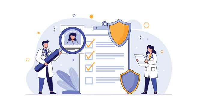 Doctors review medical checklist with patient profile and protective shield signifying health security and insurance coverage details