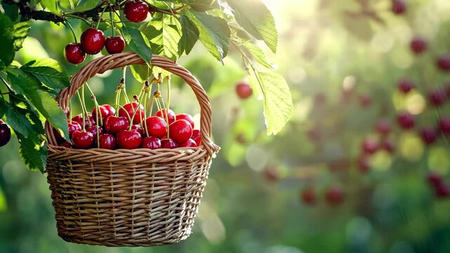 Fresh red cherries in wicker basket hanging from tree branch in sunlight, Wicker basket filled with fresh red cherries hanging from tree branch under sunlight